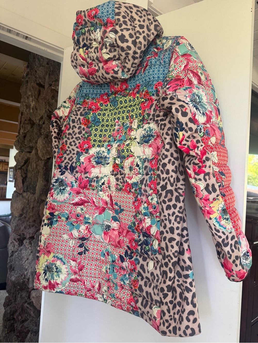 Johnny Was Pink Teal Floral & Leopard Patchwork Puffer Jacket